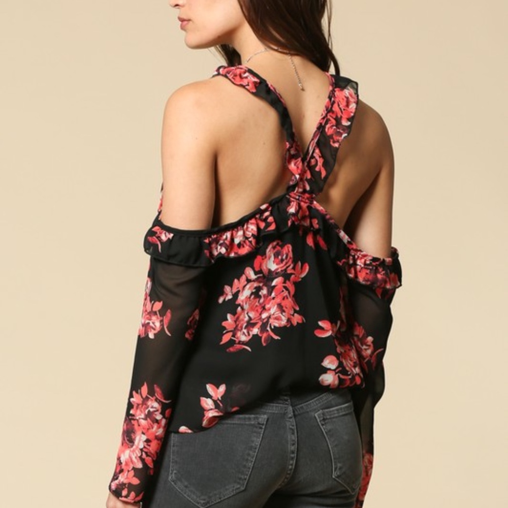 NWT Crossed Choker Cold Shoulder Ruffle Floral Top - Picture 3 of 5